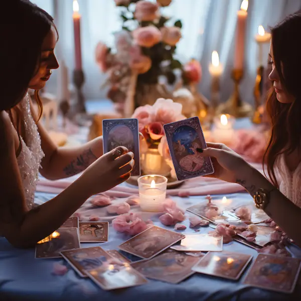 deux felle assises devant une table font un tirage de carte du Tarot Amour